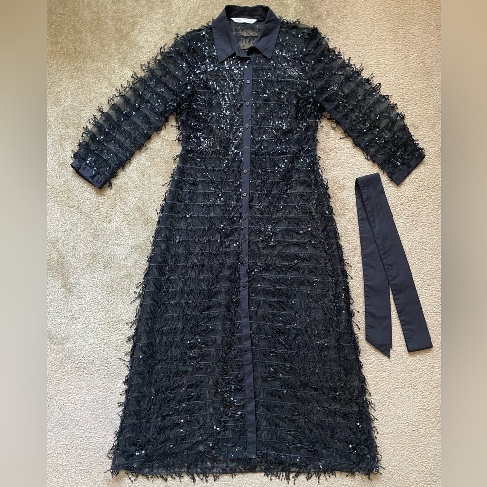 Gorgeous Zara Black Sequin Belted Long Dress